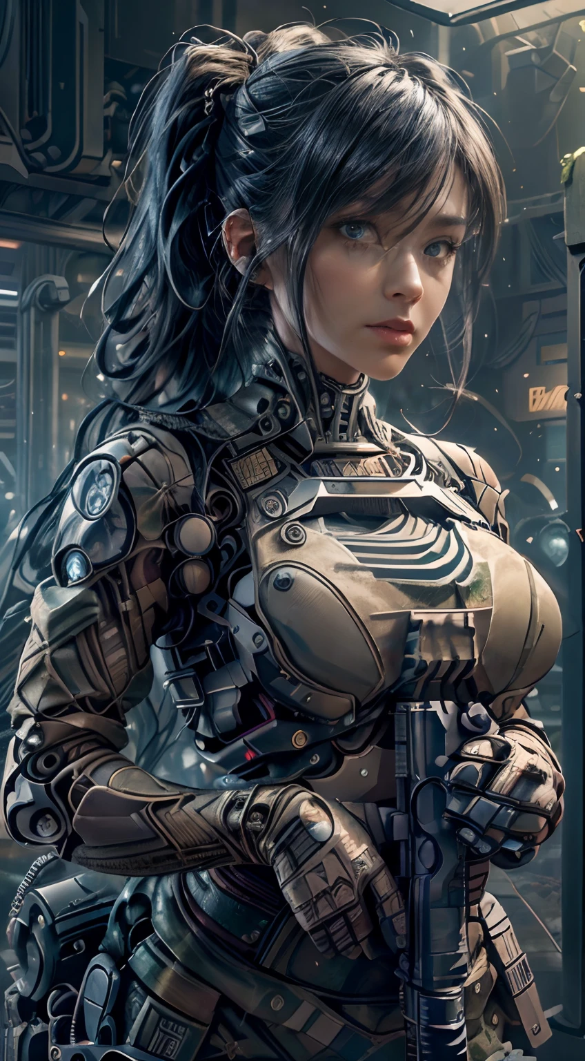 Masterpiece,(best qualtiy),highly  detailed,Ultra-detailed,Masterpiece,(best qualtiy),highly  detailed,Realistic photos, 1 mechanical female soldier, solo person, (full bodyesbian)，crNanosuit, high ponytails,(Blue eyes),(Machine-made joints:1.5), Mechanical limb，(Holding an M4 A1 rifle gun:1.5) ,huge tit，Wire，(Fighting posture), (Murderous face), (tactical gear:1.2), High contrast, extreme hight detail,highest details,(during night:0.7), (urban surroundings), (glowing neon lights:0.9), (smoke effect:0.6),depth of fields， Maximum clarity and sharpness， Many-Layer Textures， Albedo e mapas Speculares，Surface coloring，Accurately simulate photo-material interactions，perfectly proportions，rendering by octane，twotonelighting，largeaperture，Low ISO，White balance，trichotomy，8K raw data，High-Efficiency Sub-Pixel，sub-pixel convolution