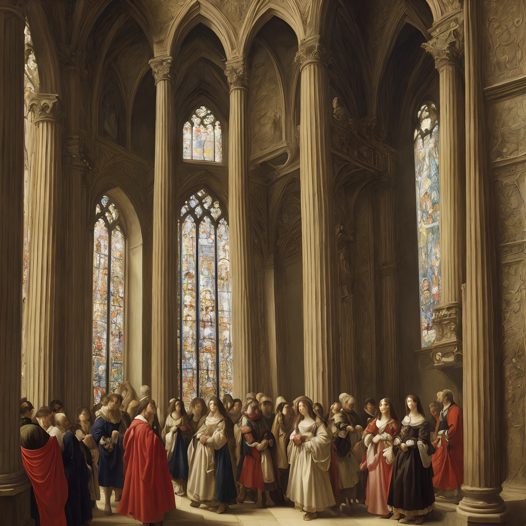 ****************Adonna Khare superfine detailed color oil painting, color oil painting of a beautiful decorative colorful stained glass window as seen from the exterior, inspired by Geertgen tot Sint Jans, renaissance, a wide open courtyard in an epic, highly detailed saturated garden, star, photorealistic masterpiece, thy, epiphany, dutch masters, y, m, only one image, a painting masterpiece, exact precisionism rendering, simple composition, inspired by Gustave Moreau, gothic art, don lawrence's, oil on canvas (1921)”, the temple of truth is white, reginald marsh, portrait of daemons, opal statues adorned in jewels, denis sarazhin --s 1000 --c 22 --ar 26:39 --v 5.1