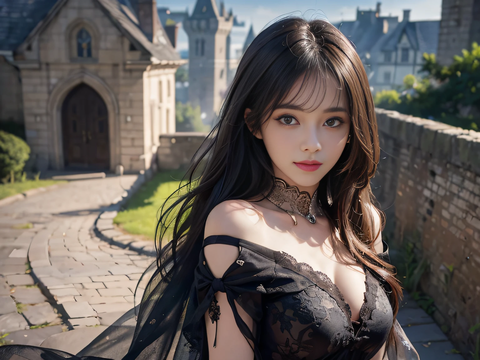 (ultra-realistic realism)、(illustratio)、(A high resolution)、(8K)、(The is very detailed)、(Best Illustration)、(Beautifully detailed eyes)、(top-quality)、(ultra - detailed)、(tmasterpiece)、(the wallpaper)、(A detailed face)、独奏、1 girl in、looking at viewert、finedetail、A detailed face、in the darkness nigth、deep shading、low tune、pureerosfaceace_V1、A smile、Long、Black shawl straight hair、46-point diagonal bangs, (silk dress、long skirt)(cropped shoulders)The view of the castle、、Stand against the wall