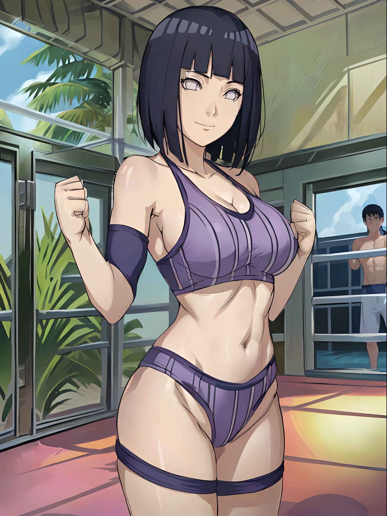 anime style, (hinata\(boruto\), (female wrestler), (slender body), mature woman, milf, (bikini, wrestling gear) victorious, gorgeous, winner, kind face, smile, closed mouth, pale skin, (dark blue hair color:1.1), wavy hair, ((short hair, hime cut), big breasts, (only one arm stretching), long belly, closed fists