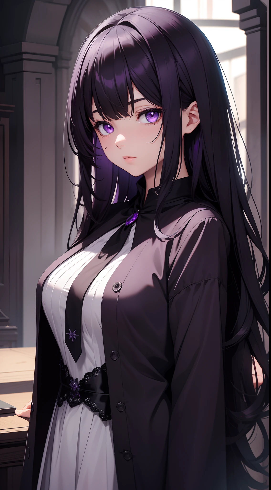 young girl, long dark purple or black hair, violet eyes, Black Rich Closed Clothing, Masterpiece, hiquality, high detail, HD, 4k