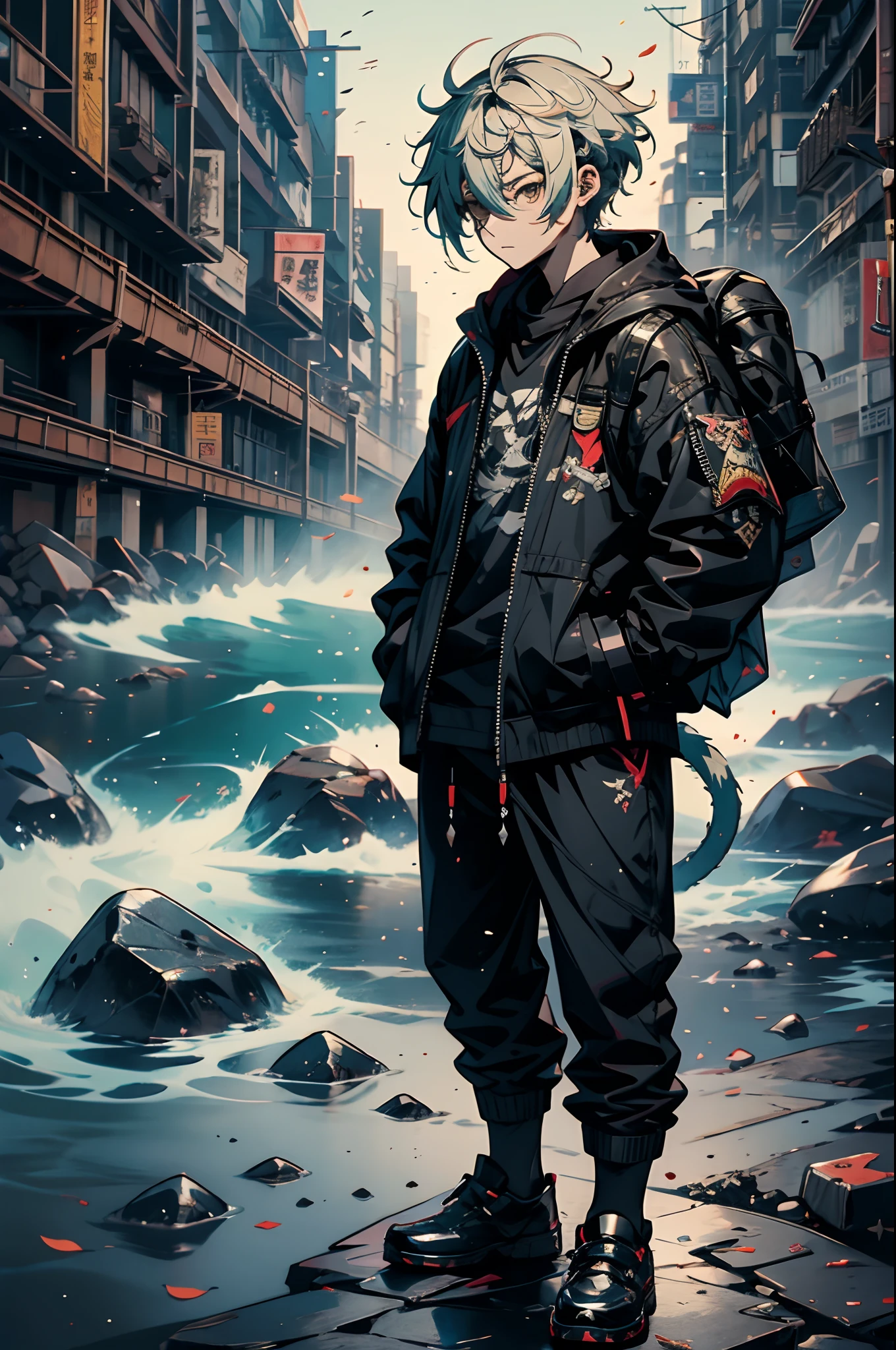 Zhongli (Genshin Impact),man, Against the background of rocks, a black jacket, hands in pockets,drooping tail