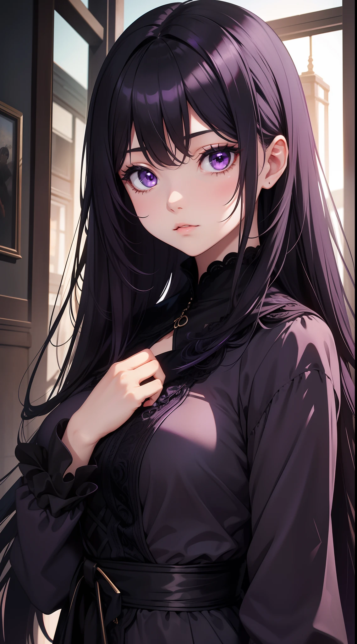 young girl, long dark purple or black hair, violet eyes, Black Rich Closed Clothing, Masterpiece, hiquality, high detail, HD, 4k