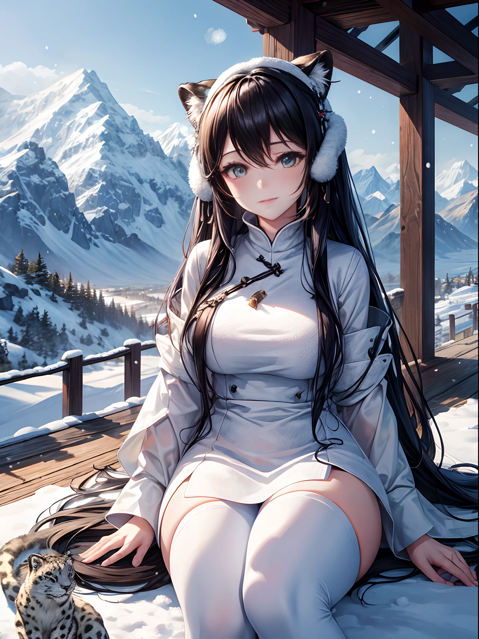 landscape，Towering snow-capped mountains，The wind is cold，snow covered，The snow woman sits on a snow leopard，Walk in the snow