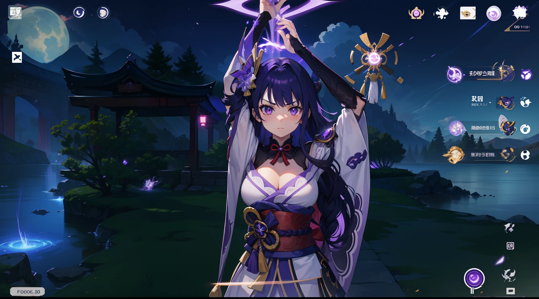 (masterpiece, best quality),1girl, raidenshogundef, raidenshogunrnd, arms up, glowing eye, purple lightning, standing, full body, 1girl, official, purple eyes, long hair, best quality, ultra detailed, solo, love in eyes, angry, blushing, big breasts, perfect anatomy