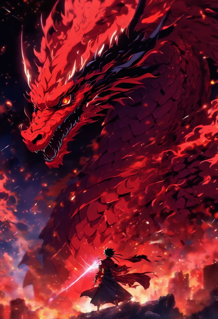 (a-red-themed,18K resolution,altamente detalhado,master part:1.2),um jovem sinistro vestindo um manto branco,segurando uma espada brilhante roxa,poisonous substances in the air,with a faint ghostly silhouette of a black dragon hovering over its head.