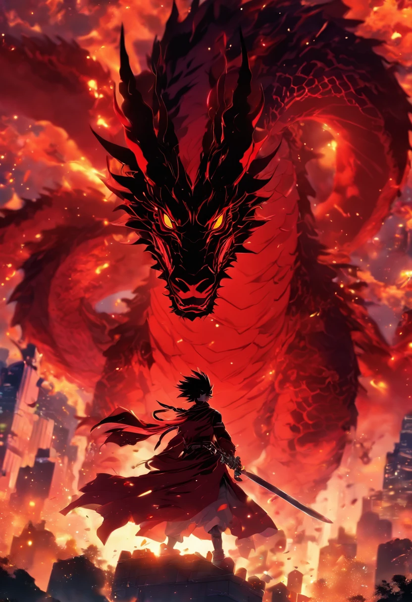 (a-red-themed,18K resolution,altamente detalhado,master part:1.2),um jovem sinistro vestindo um manto branco,segurando uma espada brilhante roxa,poisonous substances in the air,with a faint ghostly silhouette of a black dragon hovering over its head.