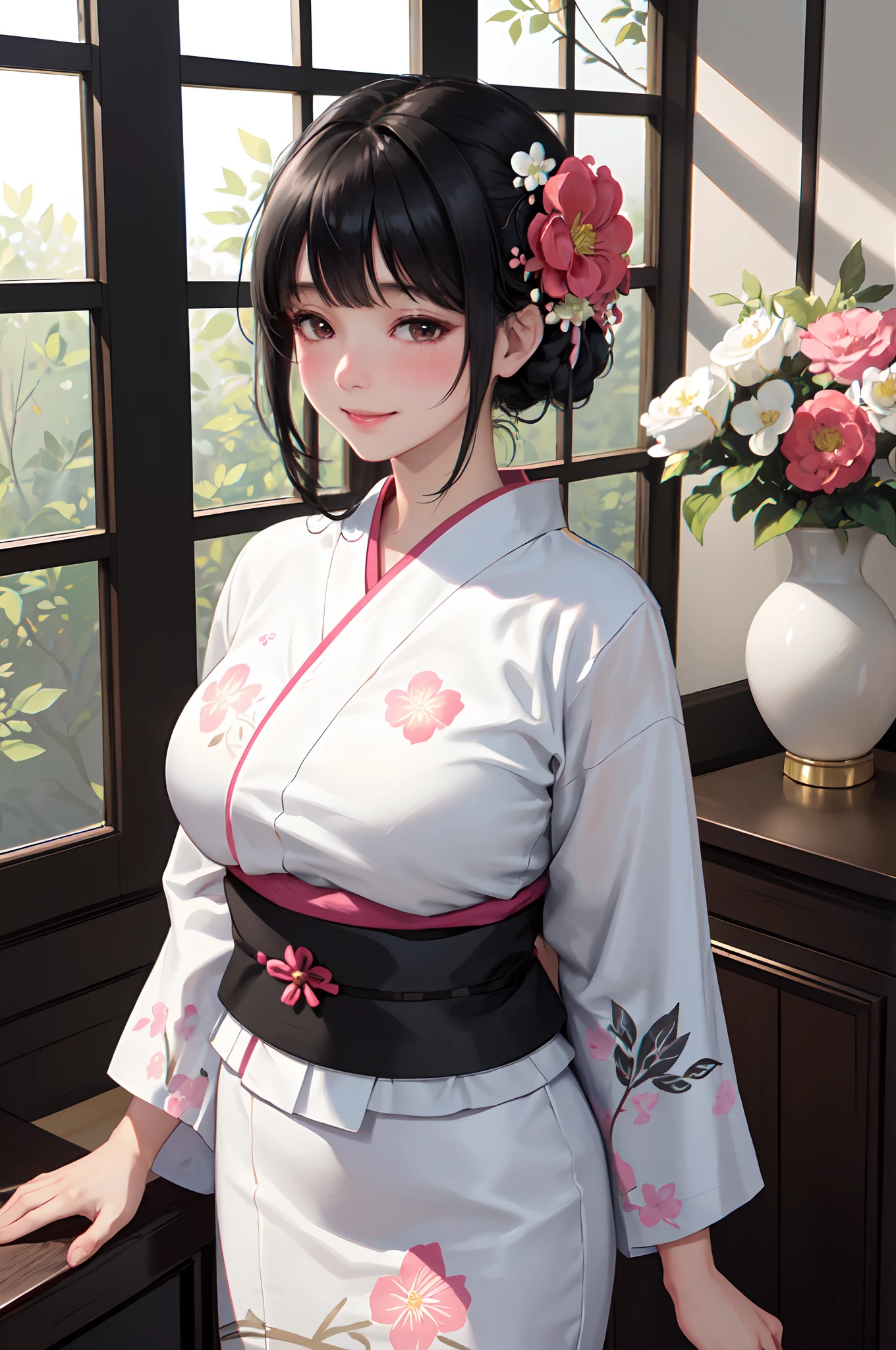 /(Indoor luxury room/), 1 Lady Solo Standing, maturefemale, floral Yukata, /(Black hair/) Bangs, blush gentle smile, (masterpiece best quality:1.2) Ultra-detailed delicate illustrations, large full breasts