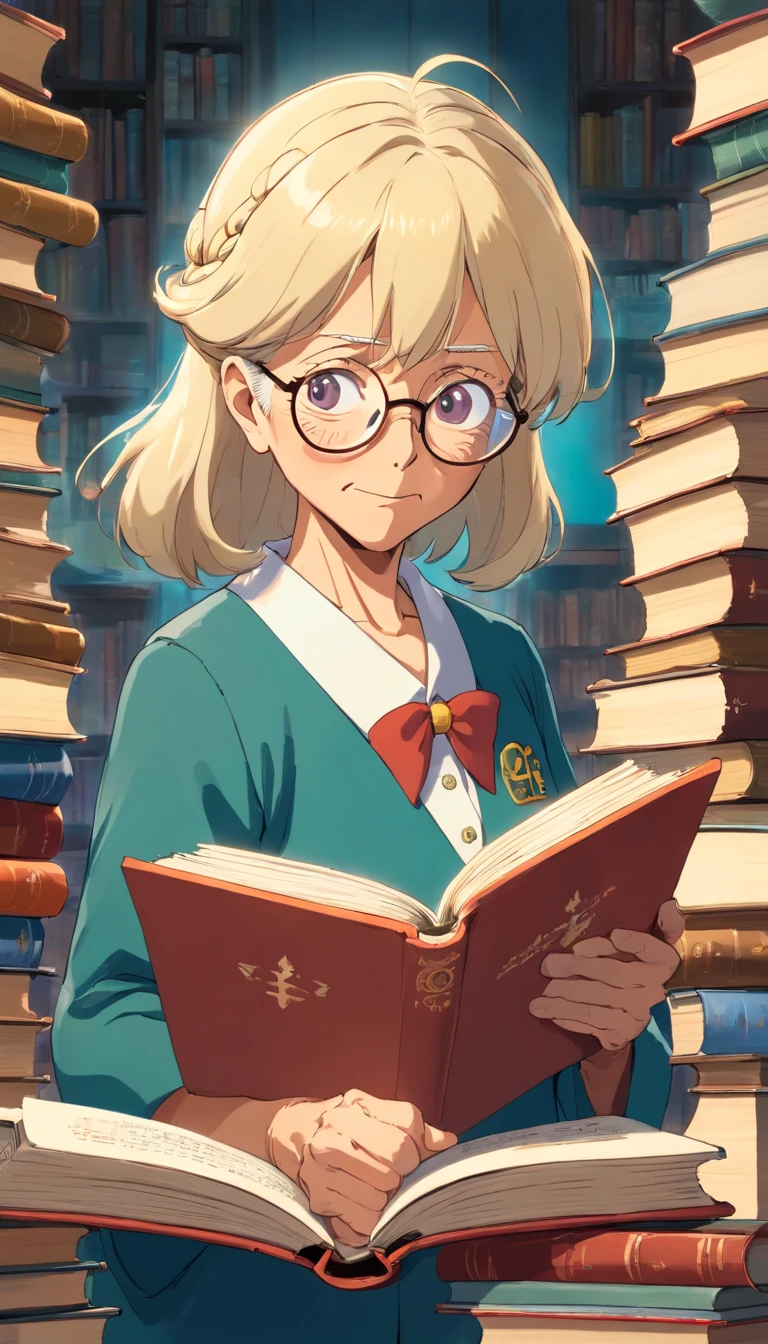 Old woman,55 years old,blond hair, science teacher,wearing teacher uniform,handling a books,with eye glasses.
