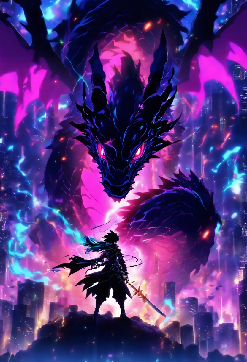 (a-black-themed,18K resolution,altamente detalhado,master part:1.2),um jovem sinistro vestindo um manto branco,segurando uma espada brilhante roxa,poisonous substances in the air,with a faint ghostly silhouette of a black dragon hovering over its head.