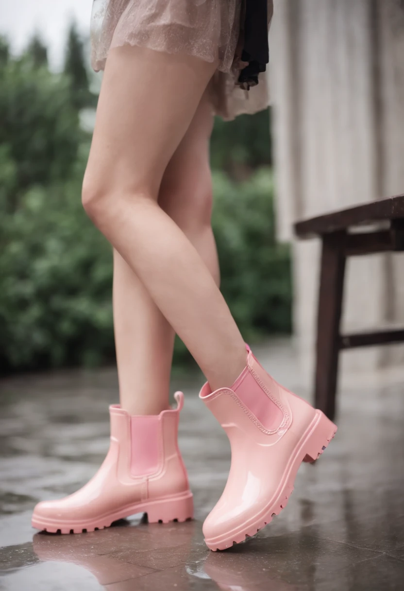Close-up of legs of a pair of beautiful asian women wearing pink latex shiny long tube rain boots,Get wet,Short white dress,Laughed,The background is a light-colored interior,light and shadow effect,High-precision details,Full body photo,Authentic photo texture,The picture is clear,