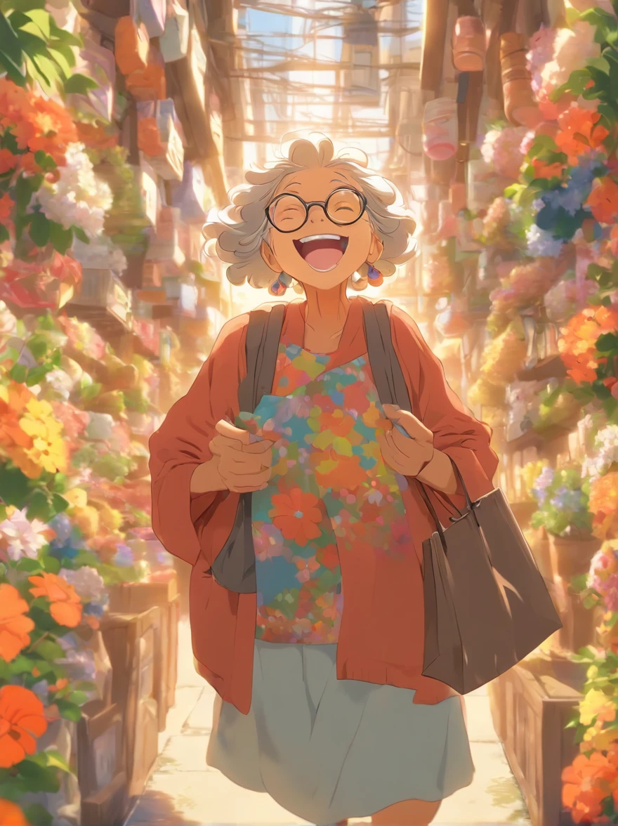 Grandmother with small eyes in the shadow of glasses，Laugh happily，The back is surrounded by many flowers，Walking down the road with shopping bag in hand