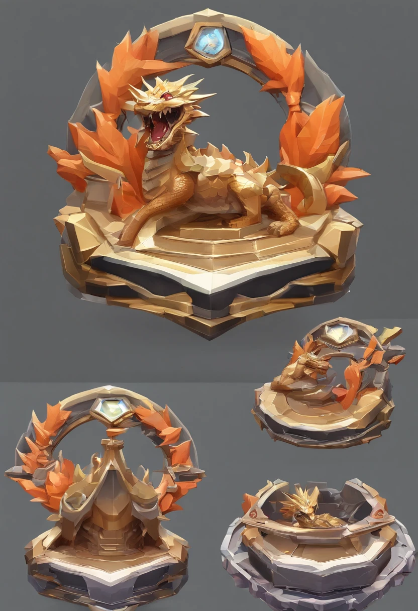 Game medallion with metal faucet closeup with crown，Close-up of dragon head，hearthstone art style, Hearthstone style art, hearthstone concept art, Riot game concept art, style of league of legends, iconic character splash art, League of Legends crown，Game badge，Surrounding metal feathers，Orange gold，c4d渲染，Less detail，less detailing，Huge faucet in the middle