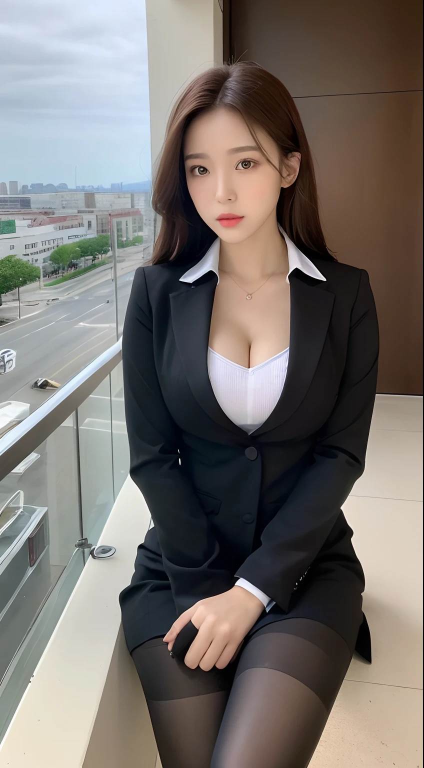 (Best quality, 8k, 32k, Masterpiece, UHD:1.2), Pretty Japanese girl, (huge breasts), black long hair, bangs, (smile), (black suit jacket, black lace tight mini-skirt), thin waist, navel, (night city landscape, hotel), necklace, earring, watch, belt, dramatic lightings, (skirtlift:1.2), naked, school girl,