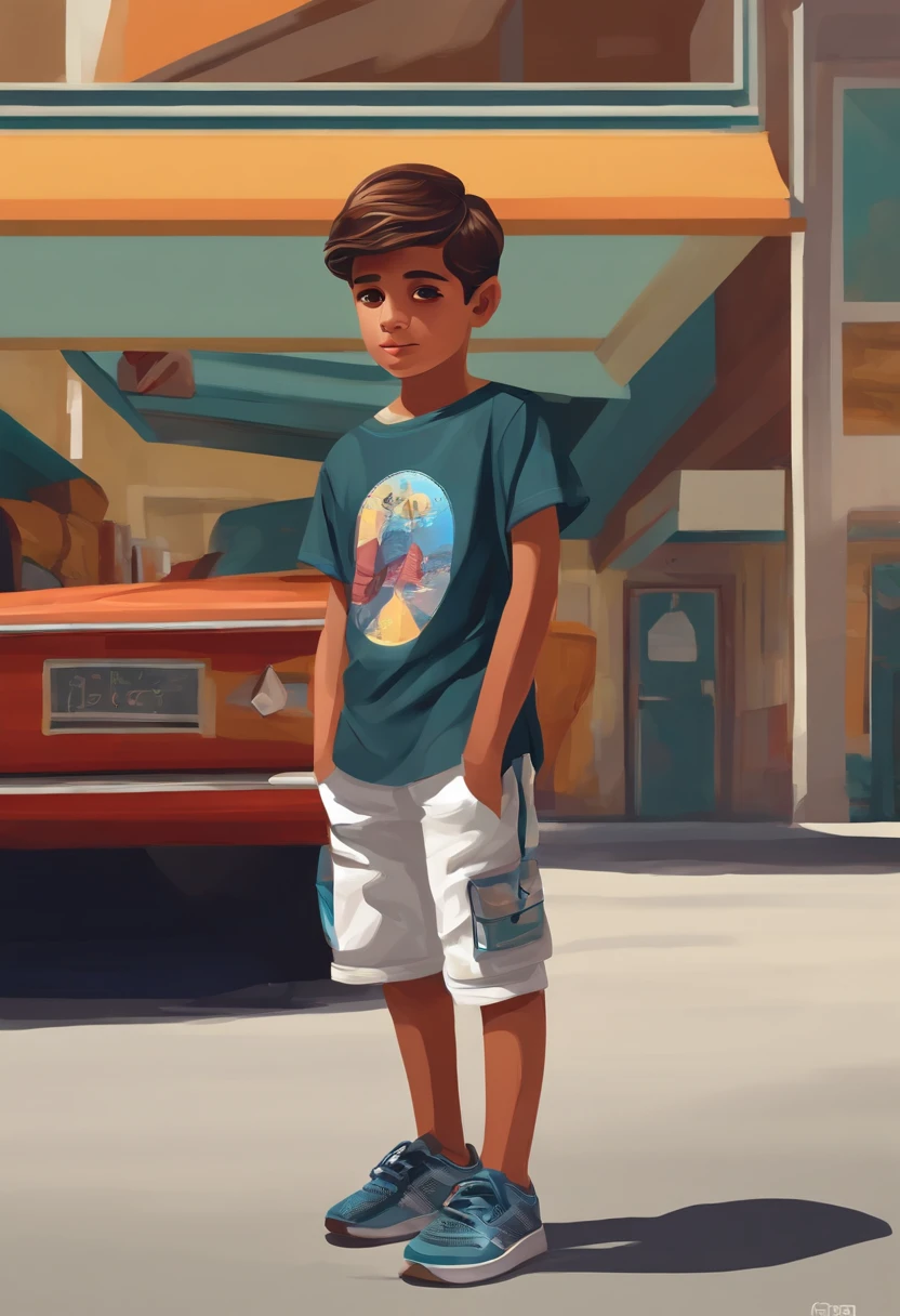 A boy putting his hand in pocket wearing half pant and half t shirt shoes and sports boy