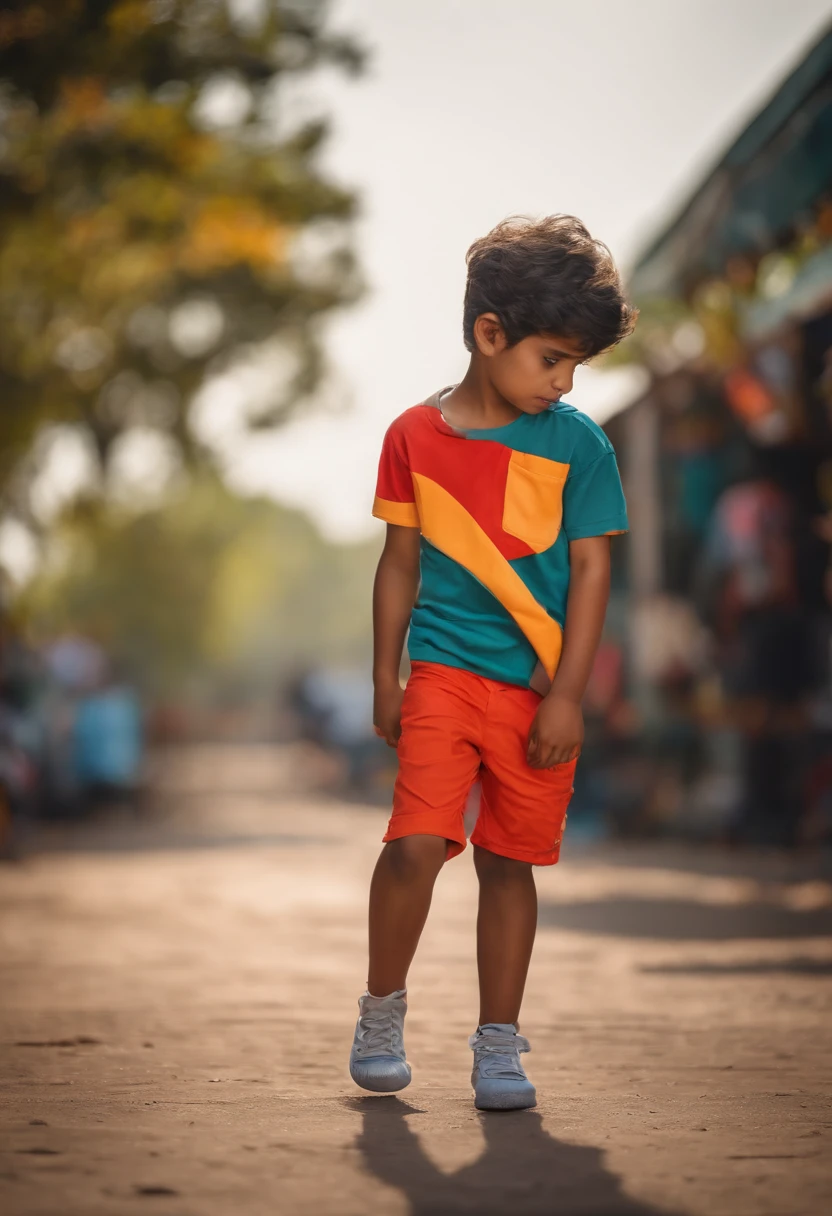 A boy putting his hand in pocket wearing half pant and half t shirt shoes and sports boy