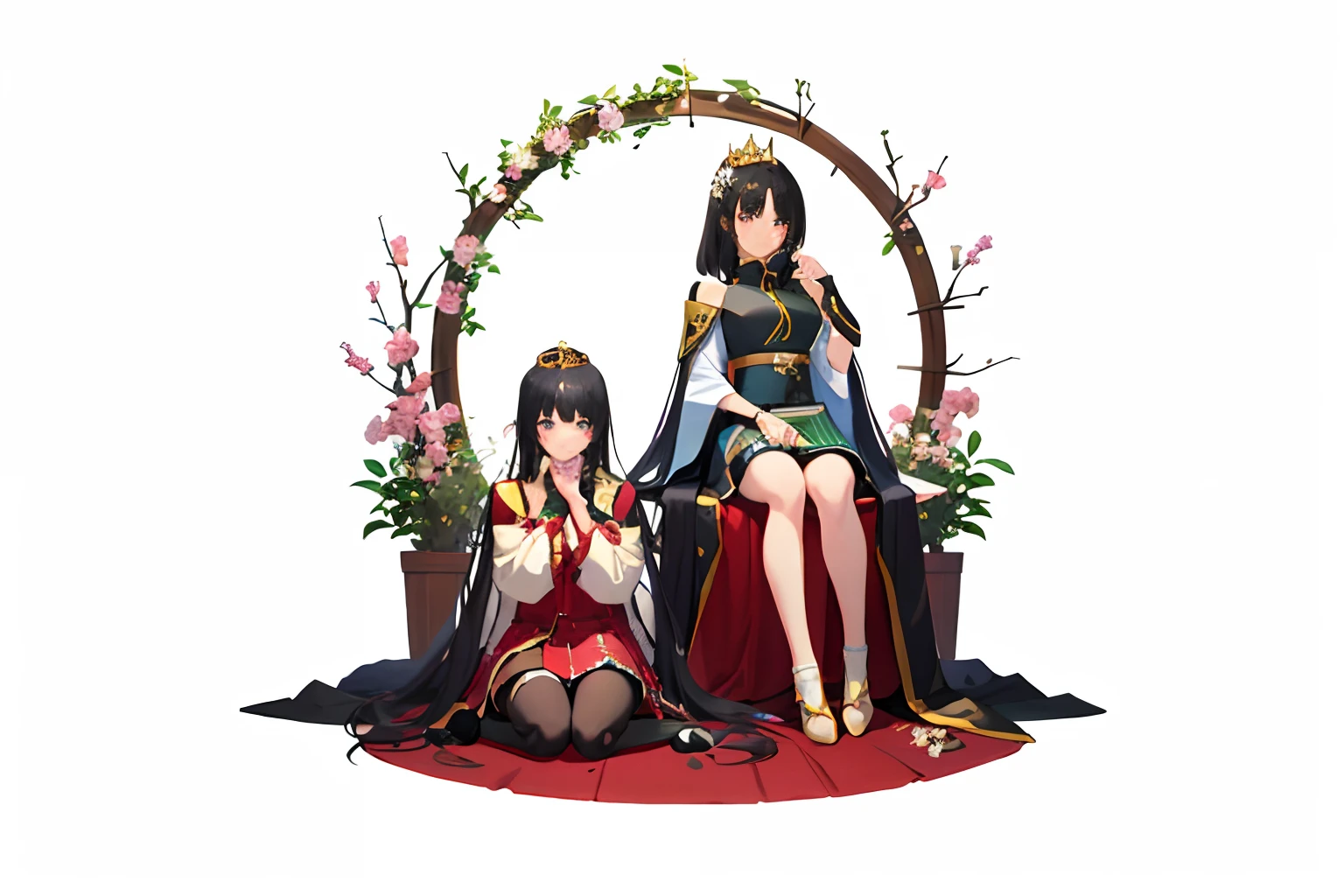 Two black-haired anime characters sitting on the ground,With flowers as a background, two beautiful anime girls, Wearing short skirts, queen and ruler of the universe, The Flower Prince is crowned king, The king recited hymns to the princess, Anime kangaroo, High-quality fan art, zero zen art, 80s anime style with 14% influencer, Destiny anime style/stay night, overnight with, 4k manga wallpapers, Anime Pictures.