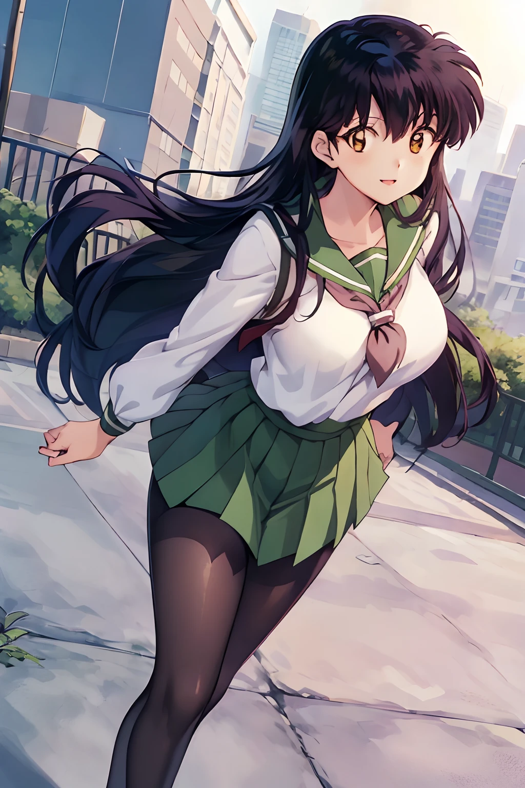 (Best Quality), 1Woman,1girl Kagome Higurashi, brown eyes, full body, photorealistic, (hyperrealistic:1.2), perfect eyes, perfect face, perfect lighting, outdoors, green warm colors, city, school uniform, happy, , walking,, smile, pantyhose green, thighs thicc