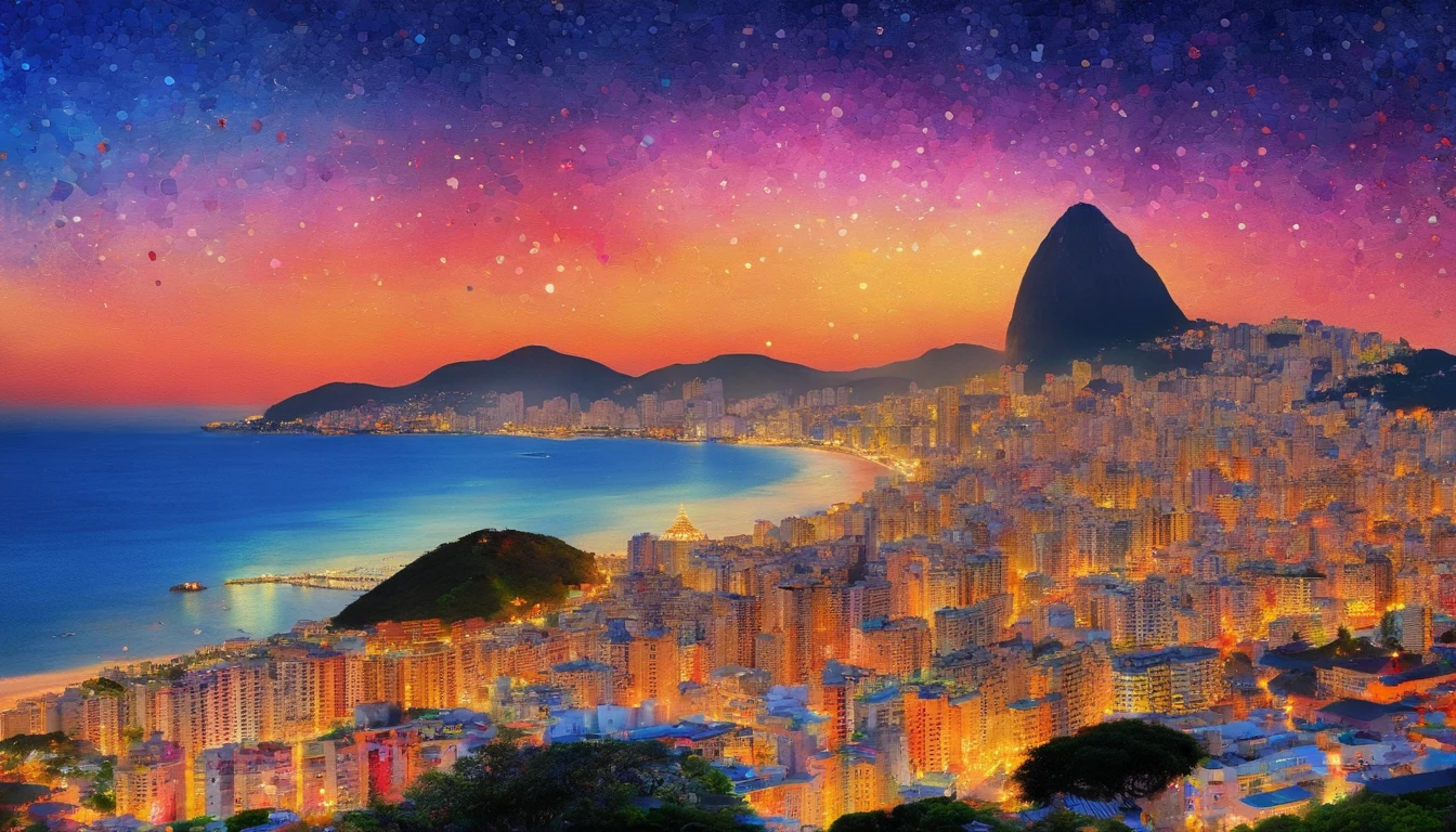 Foco suave, Aquarela gradiente brilhante, sonhador, fundo branco, garota, cafes, Praia de Copacabana, Sugar Loaf, corcovado, Favela no Morro.