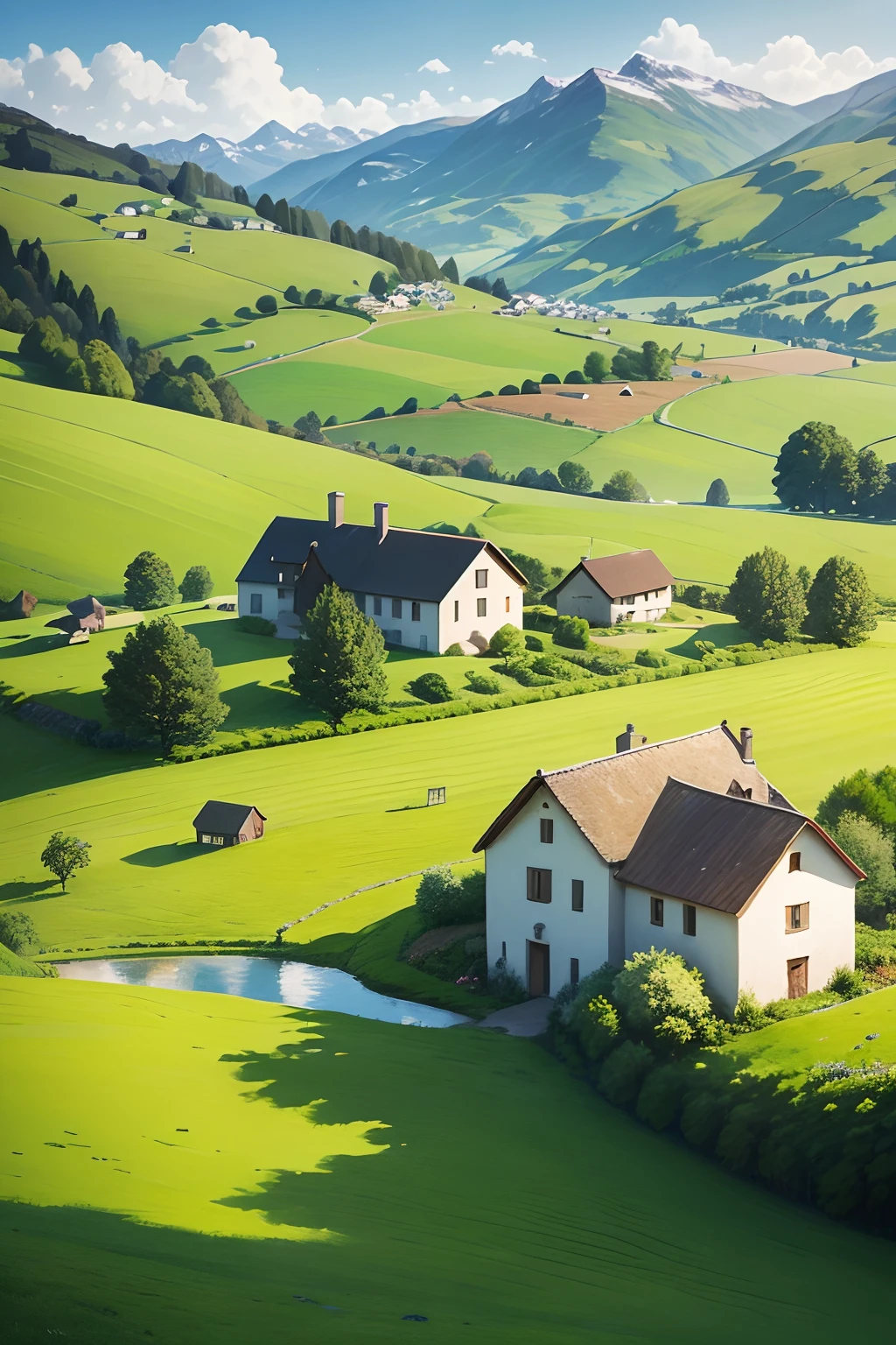 Peaceful and idyllic countryside, Rolling green hills dotted with grazing sheep, Charming farmhouse，Set amidst vibrant flowers, Clear blue sky overhead, Evokes a sense of peace and simplicity, artwork of a, oil on the canvas, --AR 3:2 --V 5, Valle encantador, switzerland, patches of green fields, lush countryside,