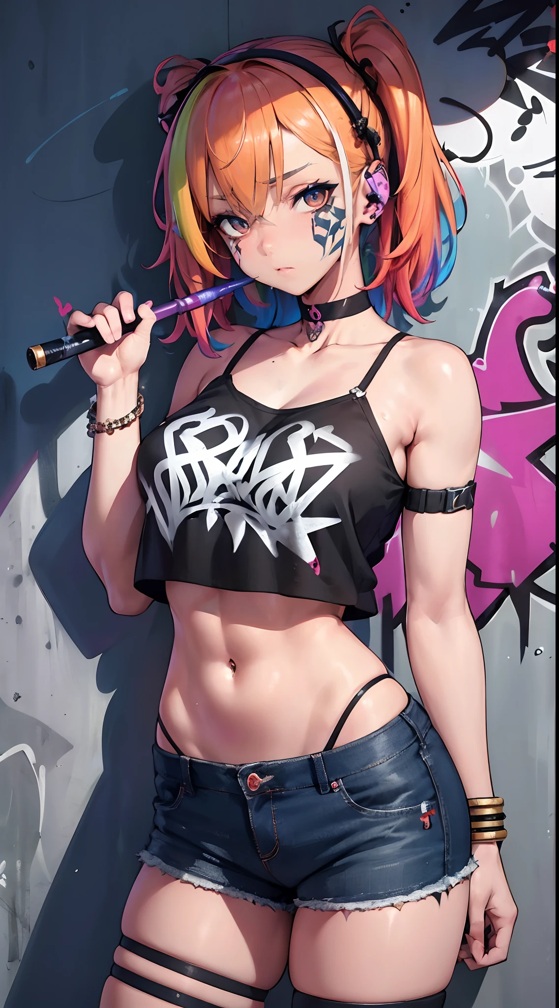 masterpiece, bestquality, 1girls, bara, crop top, shorts jeans, choker, (Graffiti:1.5), color splashes, arm behind back, against wall, looking at the audience, bracelet, Thigh strap, Paint on the body.........., Head tilt, bored, multicolored hair, water eyes, headset,