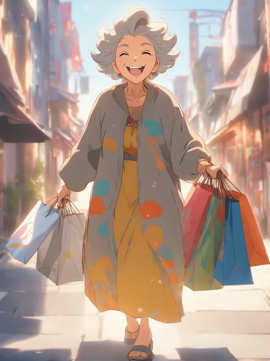 Gray-haired grandmother,Laugh happily,Walking down the road with shopping bag in hand
