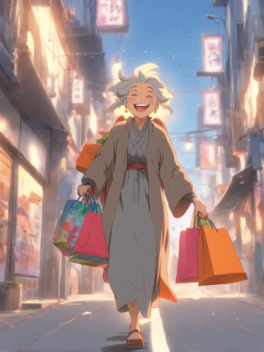 Gray-haired grandmother,Laugh happily,Walking down the road with shopping bag in hand