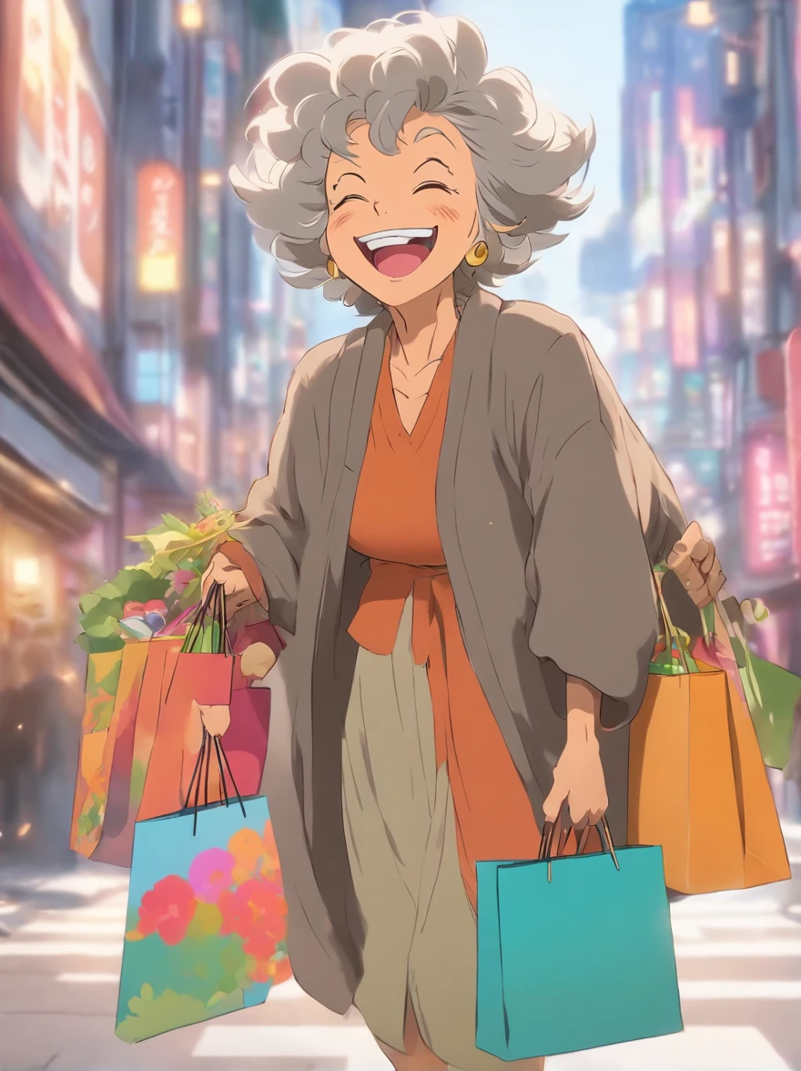 Gray-haired grandmother，Laugh happily，Walking down the road with shopping bag in hand