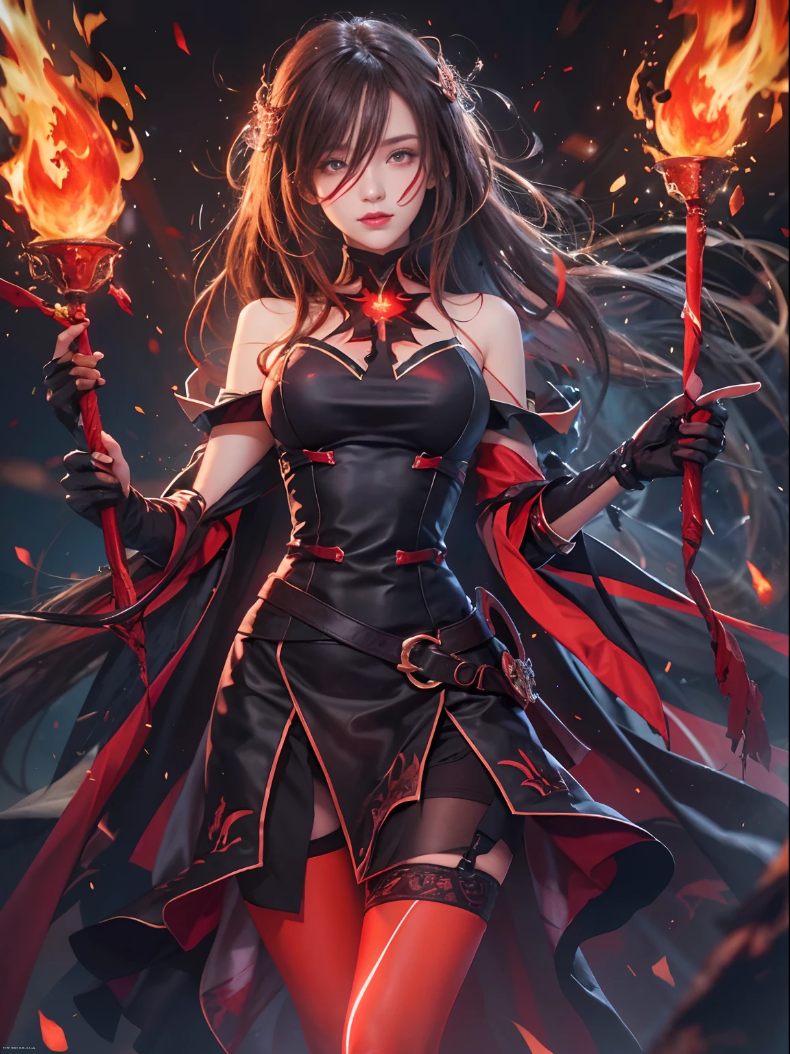 1girll,brunette color hair,red - eyed,Fire Witch,Blood,light particules,llight rays,Wallpapers,hight contrast,Dazzle,full bodyesbian，blackstockings