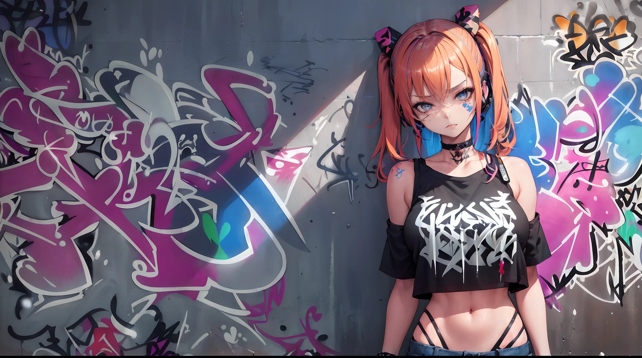 masterpiece, best quality, 1girl, solo, crop top, denim shorts, choker, (graffiti:1.5), paint splatter, arms behind back, against wall, looking at viewer, armband, thigh strap, paint on body, head tilt, bored, multicolored hair, aqua eyes, headset,
