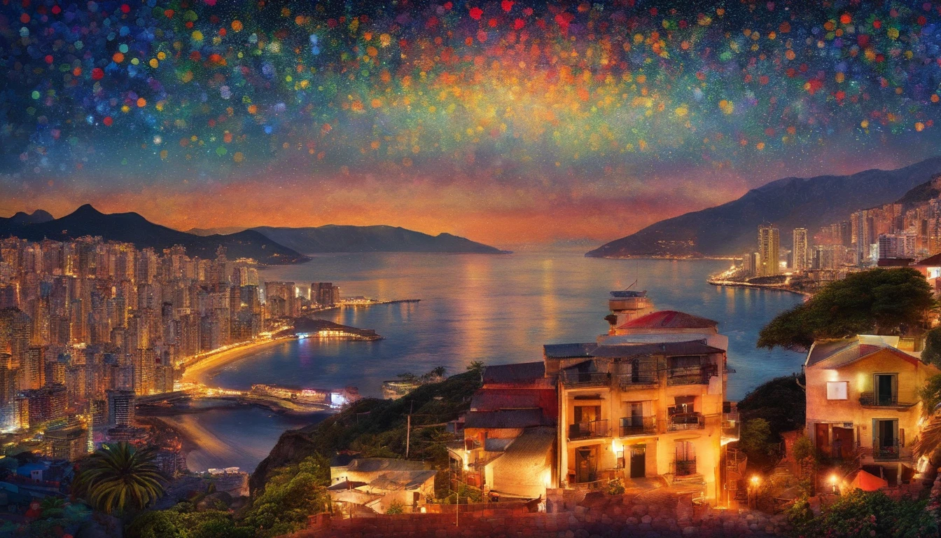 Foco suave, Aquarela gradiente brilhante, sonhador, fundo branco, garota, cafes, Praia de Copacabana, Sugar Loaf, corcovado, Favela no Morro.