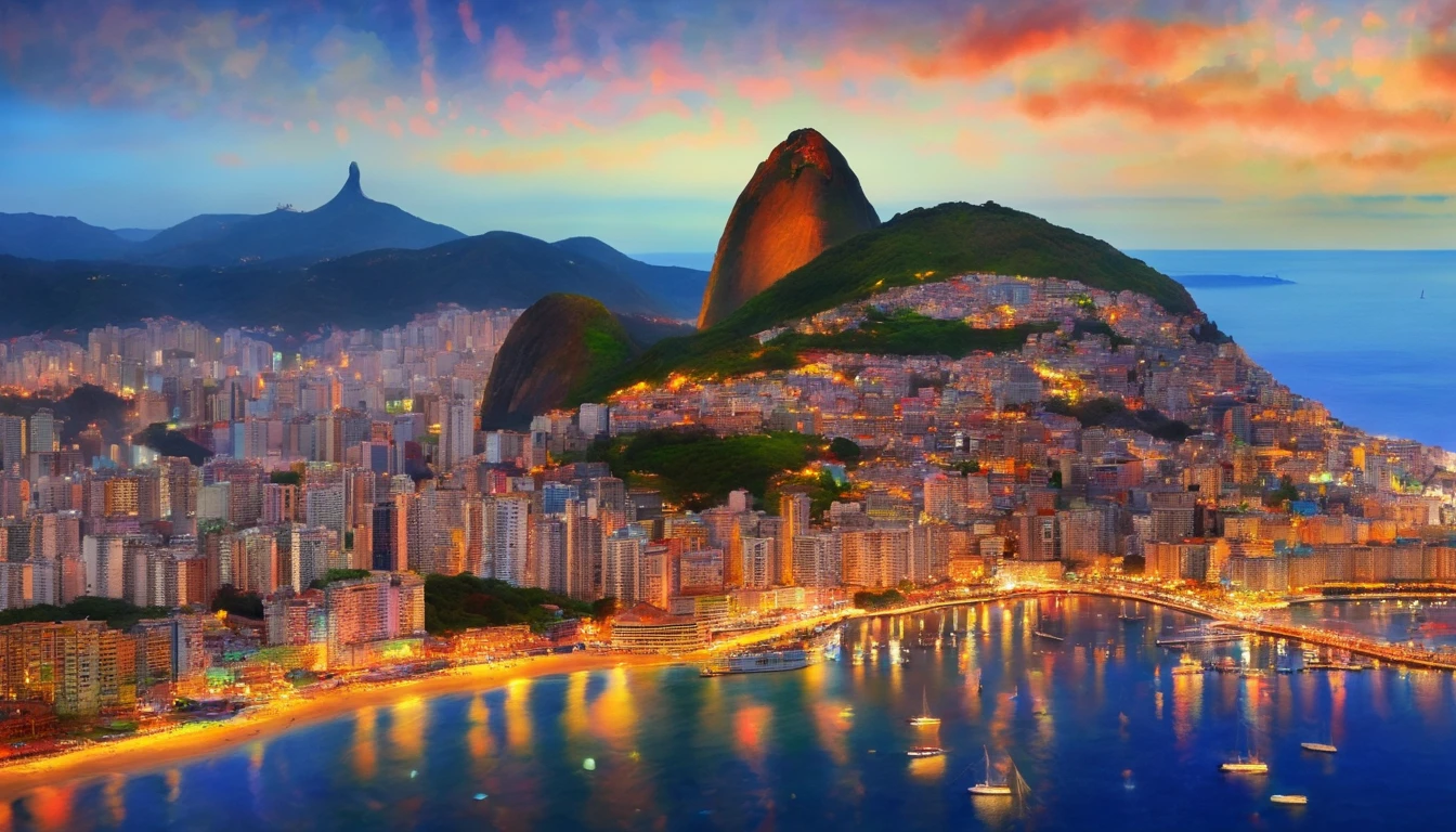 Foco suave, Aquarela gradiente brilhante, sonhador, fundo branco, garota, cafes, Praia de Copacabana, Sugar Loaf, corcovado, Favela no Morro.