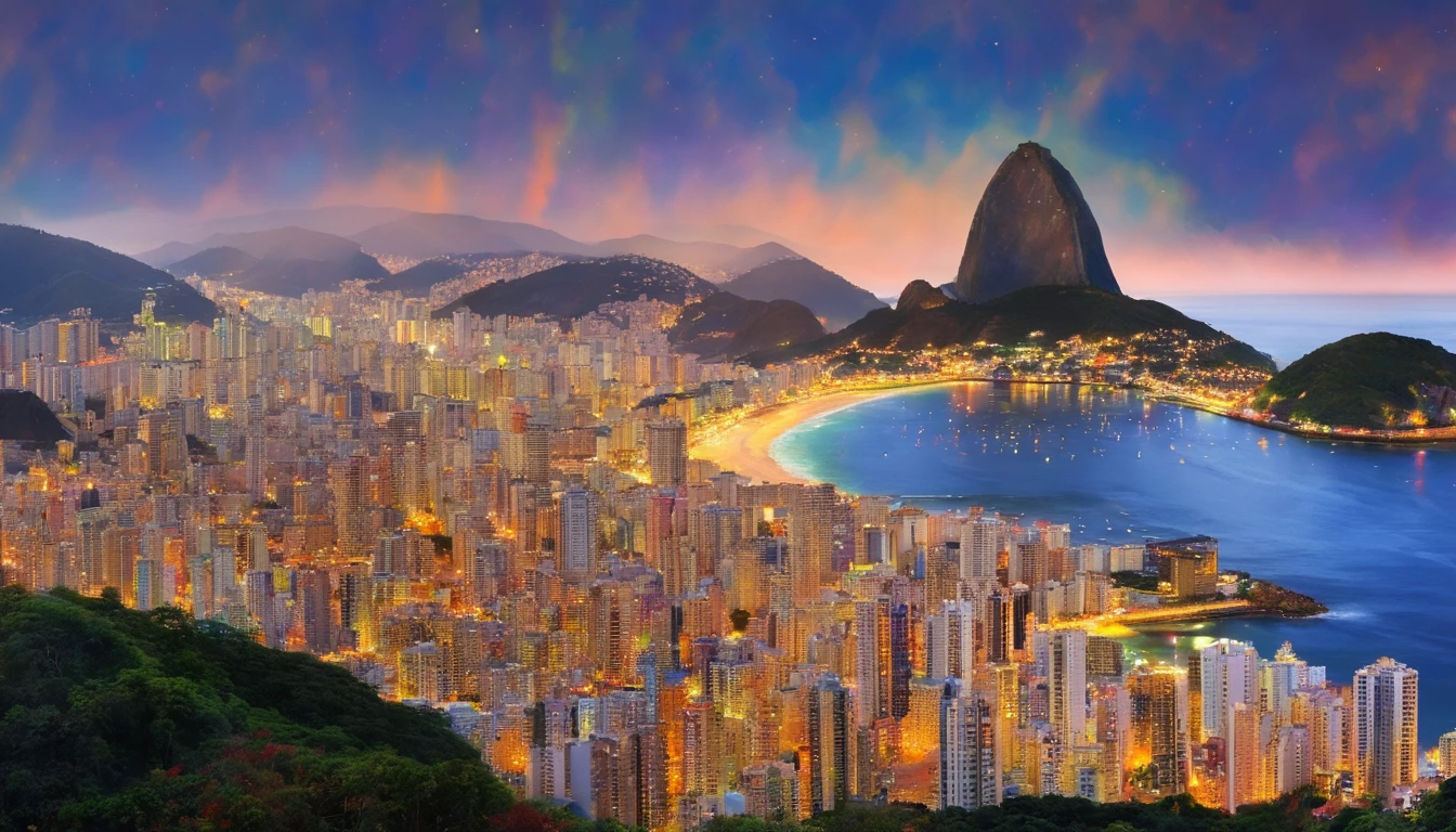Foco suave, Aquarela gradiente brilhante, sonhador, fundo branco, garota, cafes, Praia de Copacabana, Sugar Loaf, corcovado, Favela no Morro.