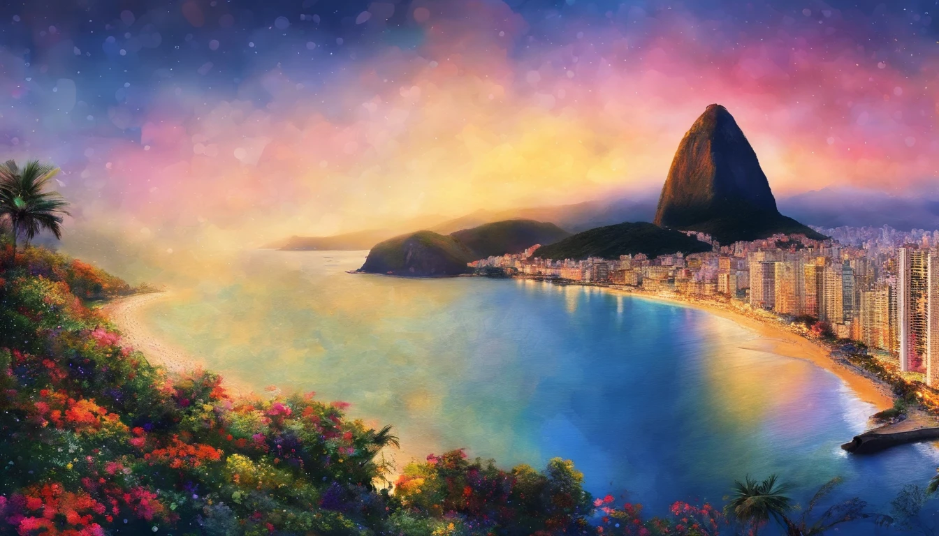 Foco suave, Aquarela gradiente brilhante, sonhador, fundo branco, garota, cafes, Praia de Copacabana, Sugar Loaf, corcovado, Favela no Morro.