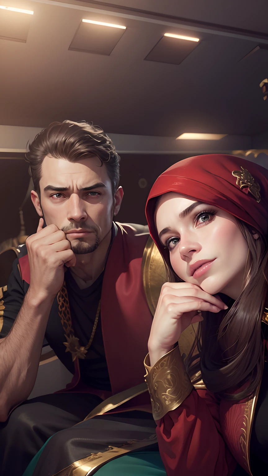 Change background, king and queen, realistic face, 8k ultra high quality