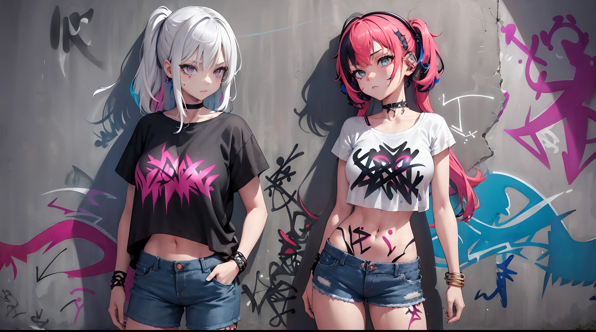 masterpiece, bestquality, 1girls, bara, crop top, shorts jeans, choker, (Graffiti:1.5), color splashes, arm behind back, against wall, looking at the audience, bracelet, Thigh strap, Paint on the body..........., Head tilt, bored, multicolored hair, water eyes, headset,