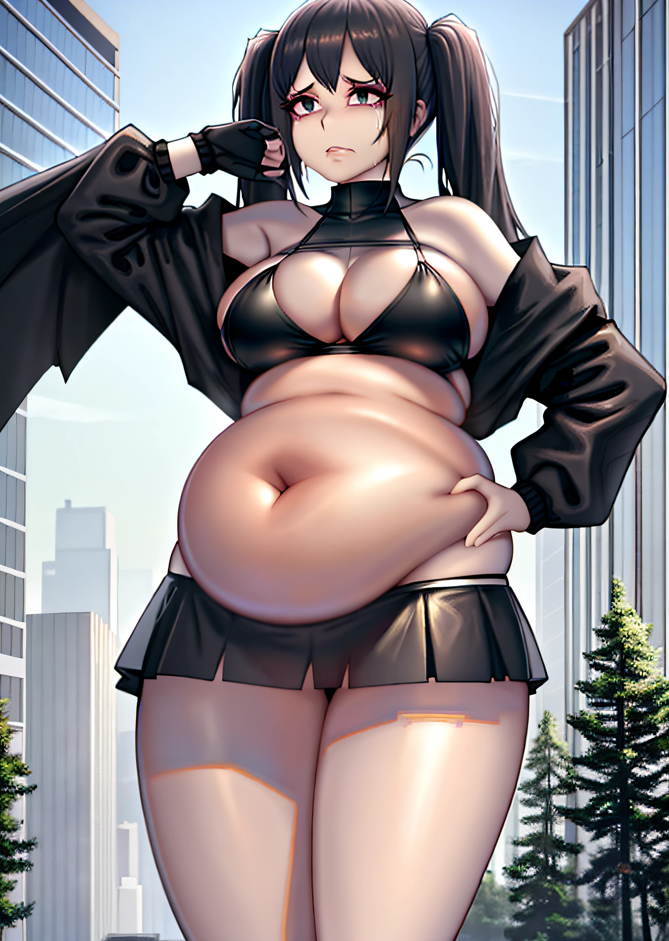 Super delicate sexy girl, black hair with pigtails, black eyes, pale skin, 1girl, 8K ultra-high image quality, art by kipteitei, giant belly, bikini, looking down at own stomach, crying