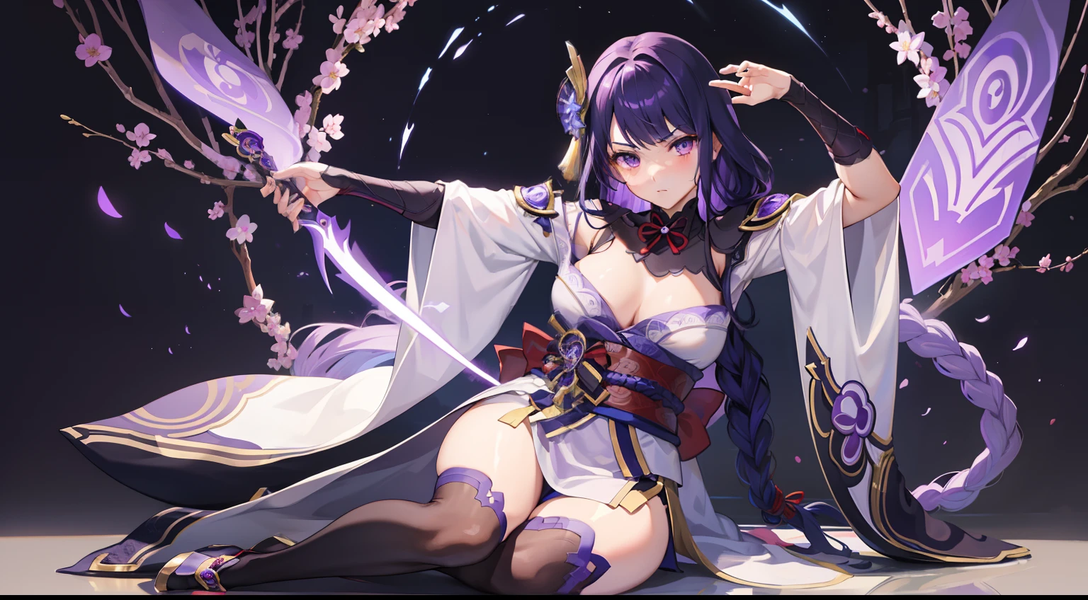 (masterpiece, best quality),1girl, raidenshogundef, raidenshogunrnd, arms up, glowing eye, purple lightning, sitting, full body, 1girl, official, purple eyes, long hair, best quality, ultra detailed, solo, love in eyes, angry, blushing, perfect anatomy, big breasts, maid outfit, coffee background