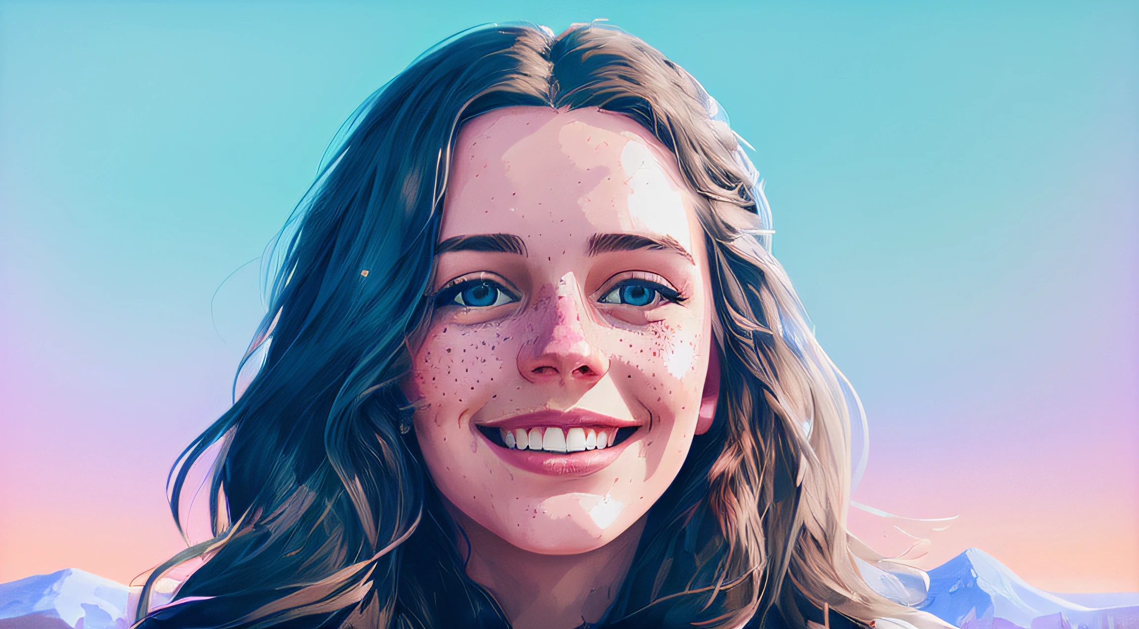 portrait of beautiful smiling woman with some freckles, snow-covered mountain landscape background by ilya kuvshinov and annie leibowitz. synthwave watercolor painting on canvas trending in artstation dramatic lighting abstract expressionism pastel shades tones (hd) golden ratio details aesthetic octane render excellent composition natural textures 8k oil paining masterpiece canon eos r4s 50