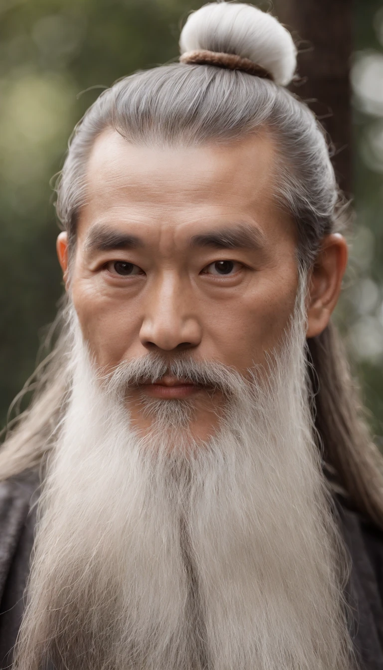 A close-up of a middle-aged man with a long beard and a white beard, Taoist,There is a bun on the top of the head，Use mahogany hairpins，Monk customs，inspired by Wu Daozi, monk portrait, Taoist master, portrait photo of an old man, Inspired by Hu Zaobin, inspired by Hu Zao, Long white beard, inspired by Li Cheng,high-definition picture quality