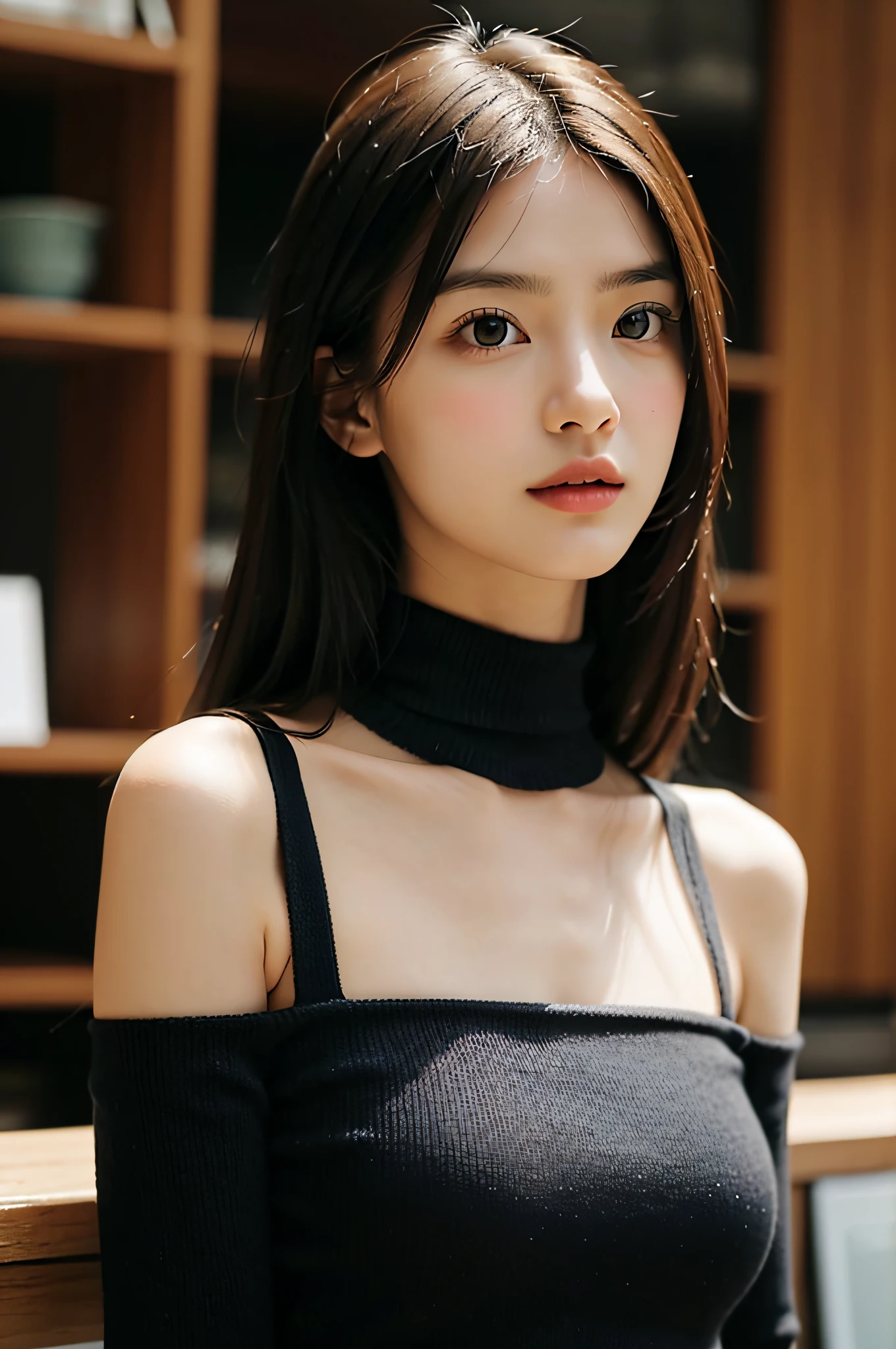Very beautiful and detailed description、super realistic details、​masterpiece、top-quality、 (((very fair and very beautiful skin)))、9 Small face beautiful woman with body body、symmetrical and very large beautiful eyes、The nasal muscles are passing through、 Overall thin and very thin except for big breasts, Big breasts with good shape、(Narrow shoulders and waist), Turtleneck knitted dress, flat lighting, Cafe clerk,