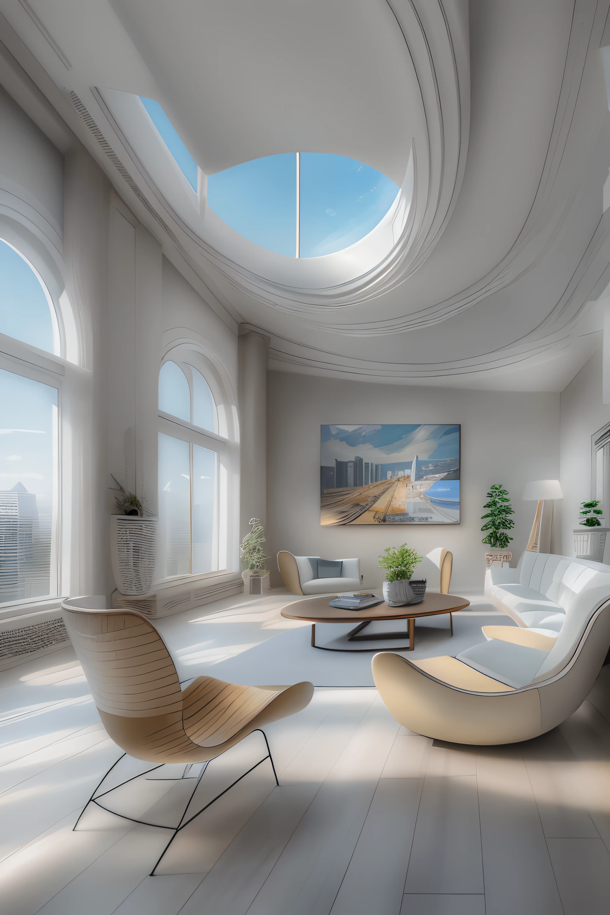 liveroom,There is a wall in the middle of the living room,The painting on the wall is in the middle, Paintings on the walls, skyscape, Large airy windows, Zaha Hadid and Santiago Calatrava landscape panoramic style, Fish, Clear light, Edge lighting, Perfect image, Building summary style, 16k UE5. superfine, 8K, hdr, Product photography, Depth of field, Nikon D850, Ultra-realistic, no contrast, clean sharp focus, professional, No blurring