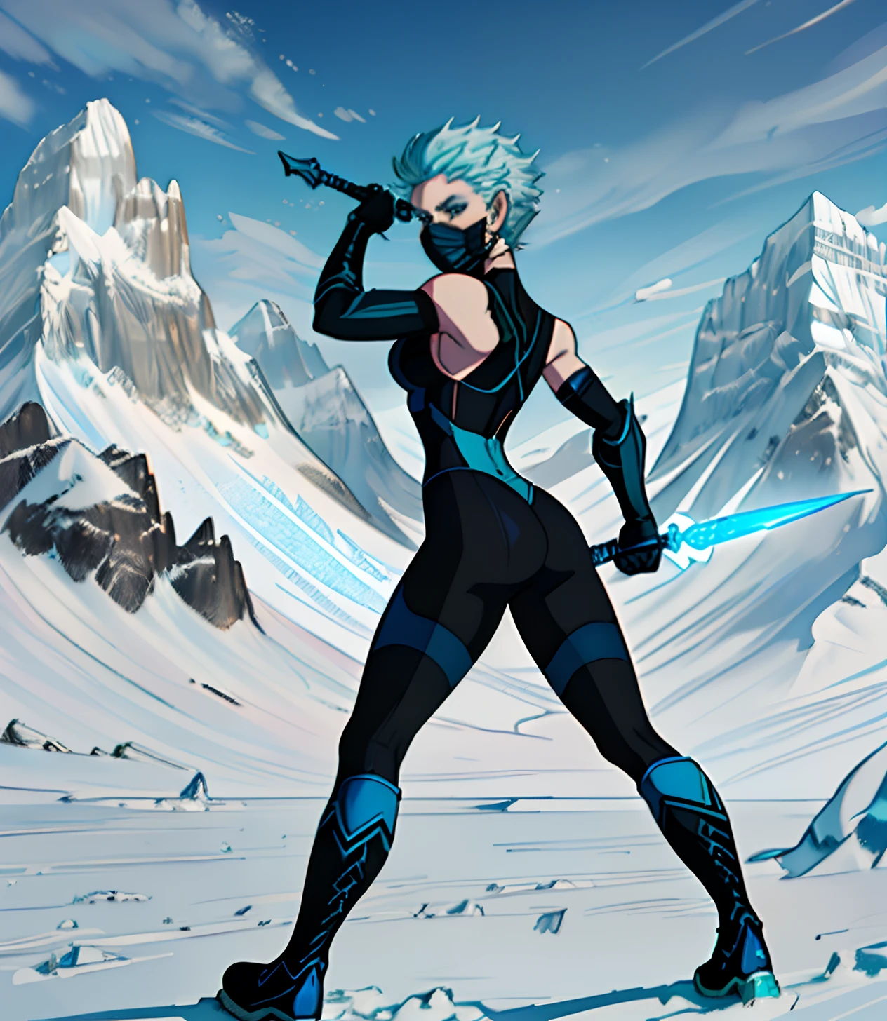 [FROST], ((Masterpiece)), ((High quality art)), ((High definition)), ((solo portrait)), ((full body)), ((back view)), ((shoes visible)), ((beautiful render art)), ((detailed shading)), ((intricate details)), {(Beautiful woman), (pale skin), (cute blue eyes), (spiked cyan ice hair), (mask on face), angry, (slightly muscular legs), (cleavage)}, {(black bodysuit), (blue folded gi), ((thong)), (fishnet leggings), (blue boots)}, {(standing), (cyan ice dagger), (looking back)}, [Background; (mountain), (snow), (grey sky), (clouds)}