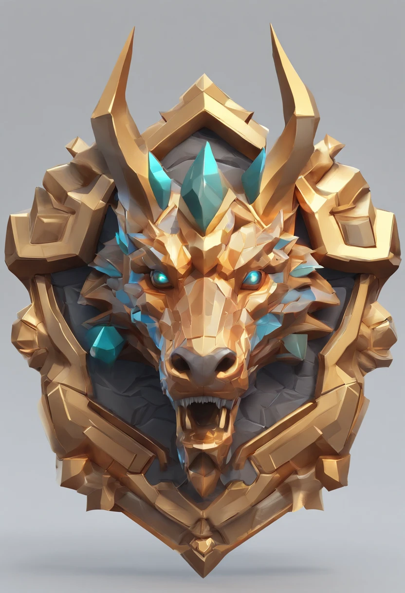 Game medallion with metal faucet closeup with crown,Close-up of dragon head,hearthstone art style, Hearthstone style art, hearthstone concept art, Riot game concept art, style of league of legends, iconic character splash art, League of Legends crown,Game badge,Surrounding metal feathers,copper gold,c4d渲染,Less detail,less detailing,Huge metal faucet in the middle,The head has gorgeous gemstones