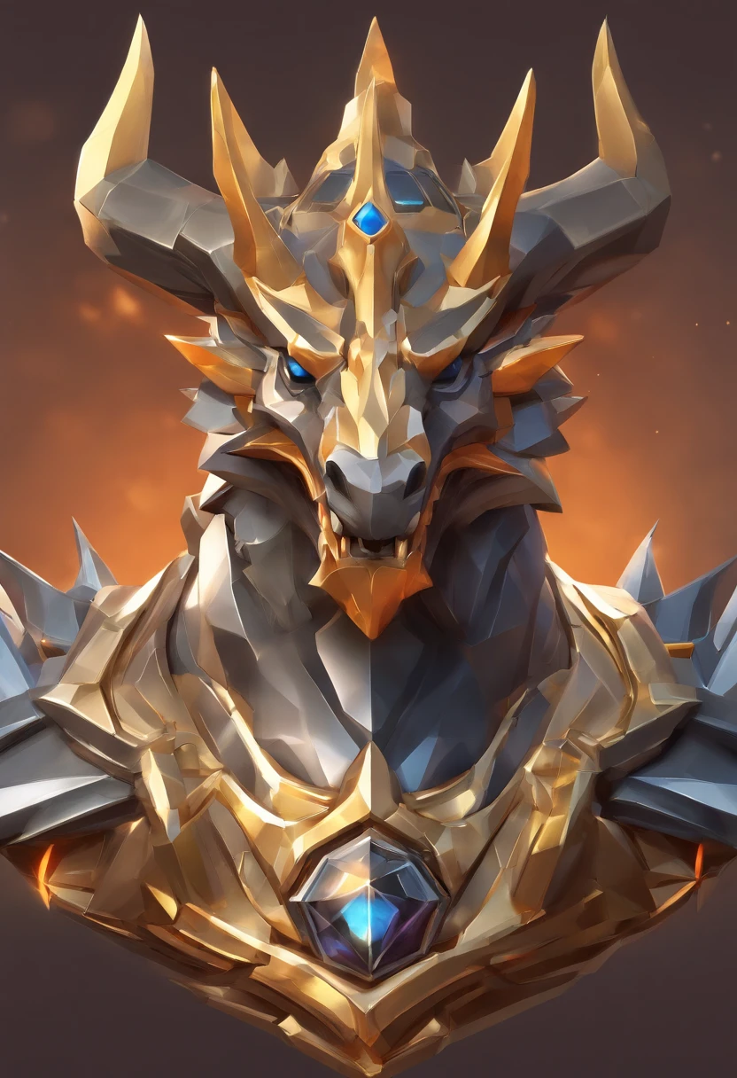 Game medallion with metal faucet closeup with crown,Close-up of dragon head,hearthstone art style, Hearthstone style art, hearthstone concept art, Riot game concept art, style of league of legends, iconic character splash art, League of Legends crown,Game badge,Surrounding metal feathers,Orange gold,c4d渲染,Less detail,less detailing,Huge metal faucet in the middle,The head has gorgeous gemstones