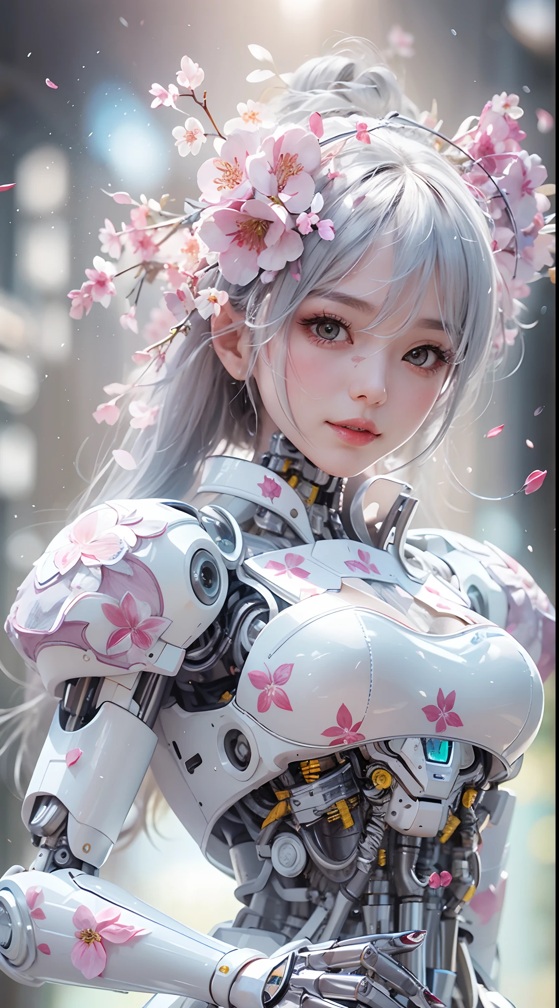 Girl robot married in Japan,Mechanical limb,Mechanical torso,Made of shiny white and silver translucent glass and plastic, Delicate lace dress, joyful expressions, ,  Vibrant colors, sakurabackground,cherry blossom petals falling, Bright sunlight, Enchanting atmosphere。