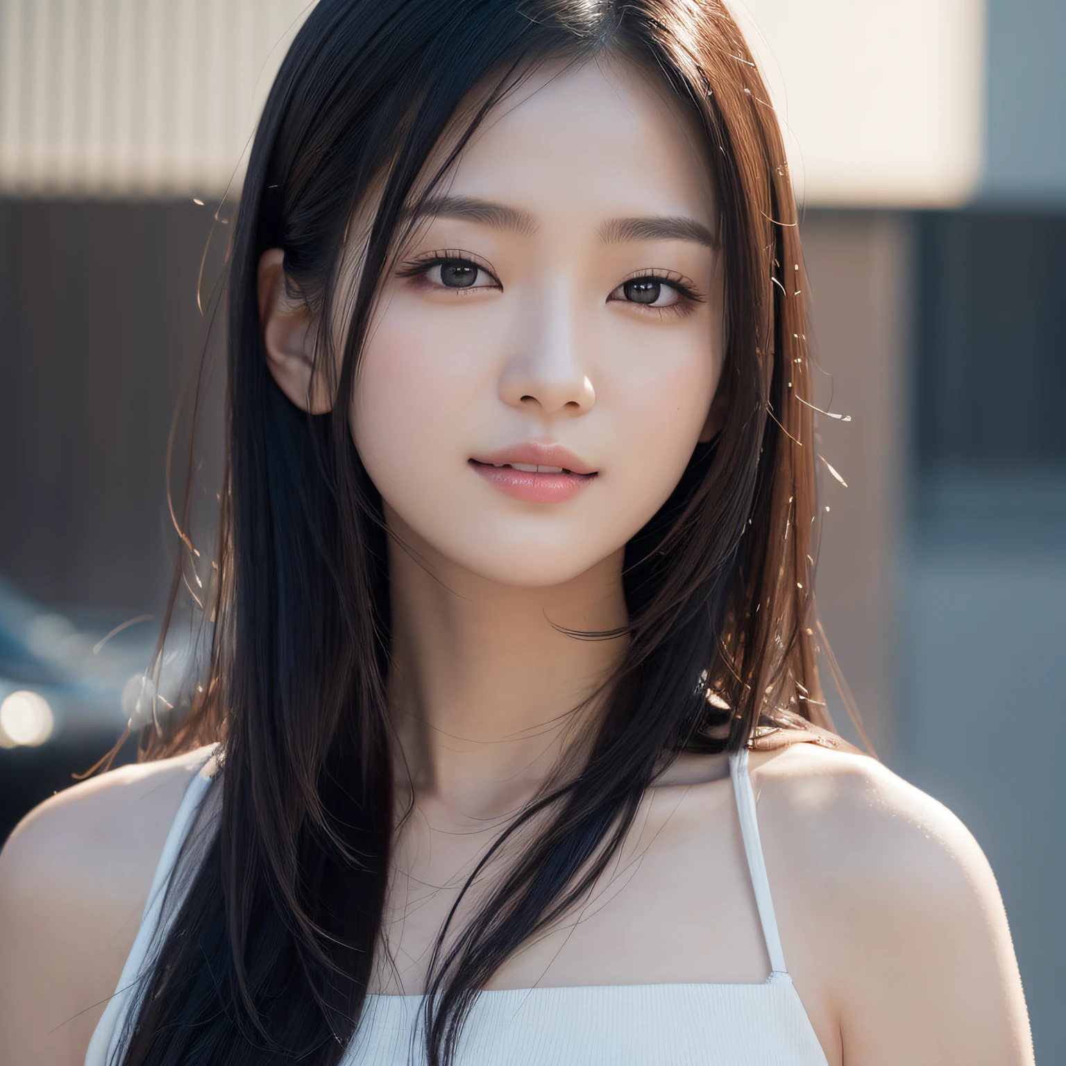 full body shot, (Korean:1.1), (Japanese:1.3), 1 girl, city, long black hair, show background, 27yr old, wearing stylish clothes, masterpiece, 8K, (Realistic, Photorealistic:1.37), (highly detailedskin:1.2), Ultra-high resolution, (lenz 50mm), (Looking to viewer:1.5), (Natural lighting:1.3), seductive smile, (high face detail:1.3), (Fine Face),(Fine Eyes), (Clear Face), (Detailed Face Description), (Detailed Hand Description), Extreme Light and Shadow, Shiny Skin,