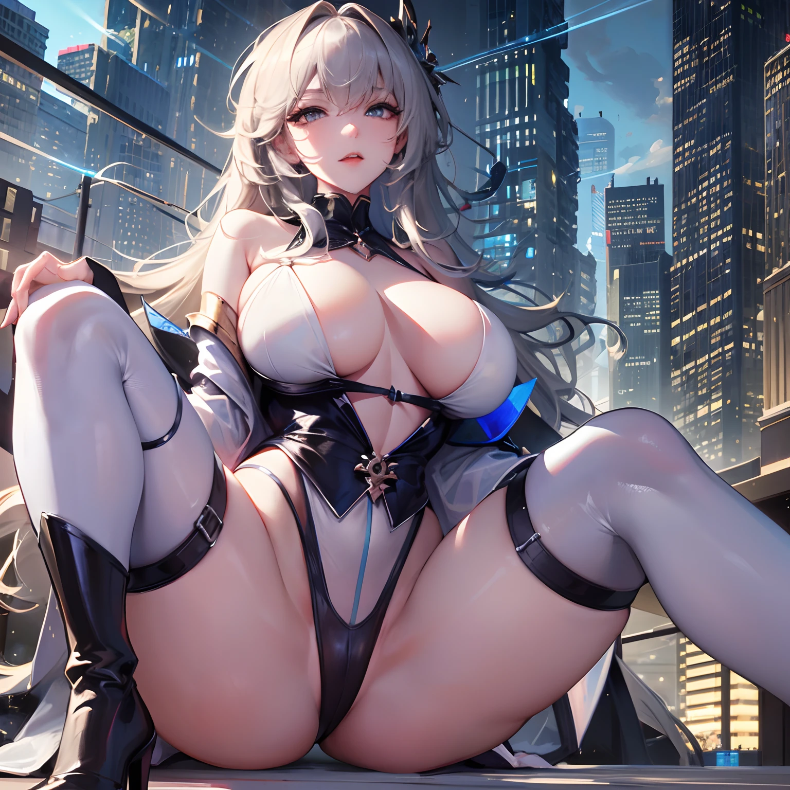 Official fine art,tmasterpiece,Sharp focus,Delicate and beautiful hair and eyes and face,realisticlying,ultra - detailed,woman,blue-sky,Glowing white particles,(side-lighting:1.2),rays of sunshine,baiyun,Detailed clouds,Slender,huge boob,gigantic hip,Long legs,spread their legs,scenecy,Long straight hair,, buliding, (Cityscape:1.7),paleskin, hair adornments, epic landscapes