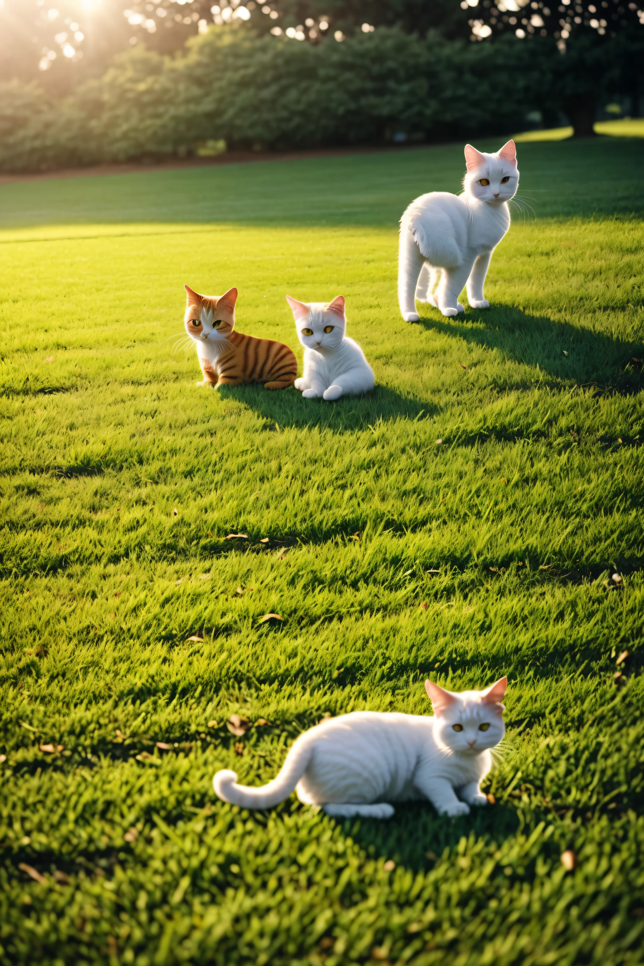 On the grass there is a cute little yellow cat and a cute little white cat，，wide angles，cinematic ligh，From the side Side