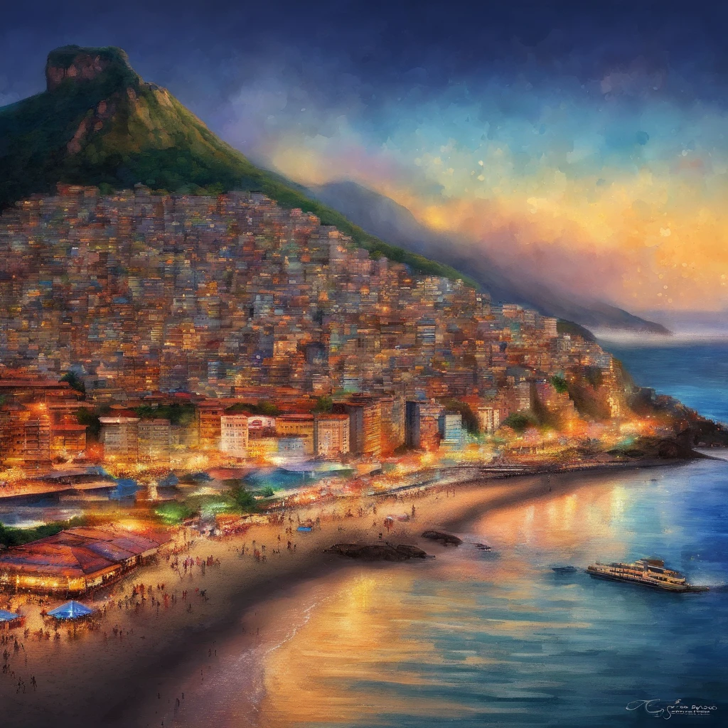 Foco suave, Aquarela gradiente brilhante, sonhador, fundo branco, garota, cafes, Praia de Copacabana, Sugar Loaf, corcovado, Favela no Morro.